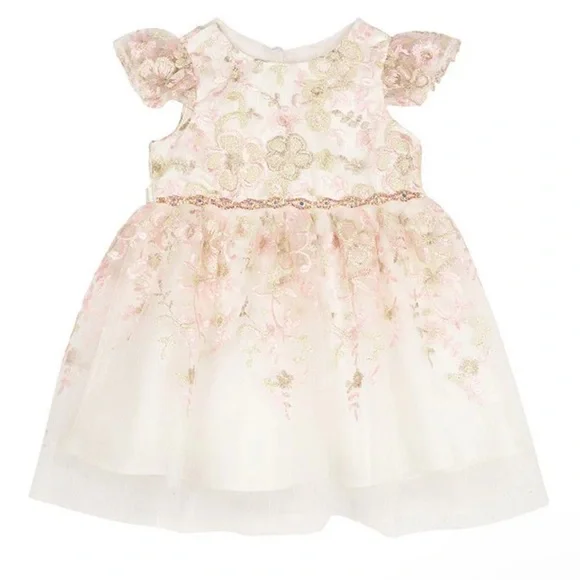 Rare Editions Baby Girls Floral Embroidered Dress with Flutter Sleeves - Ivory - Size 24 Months
